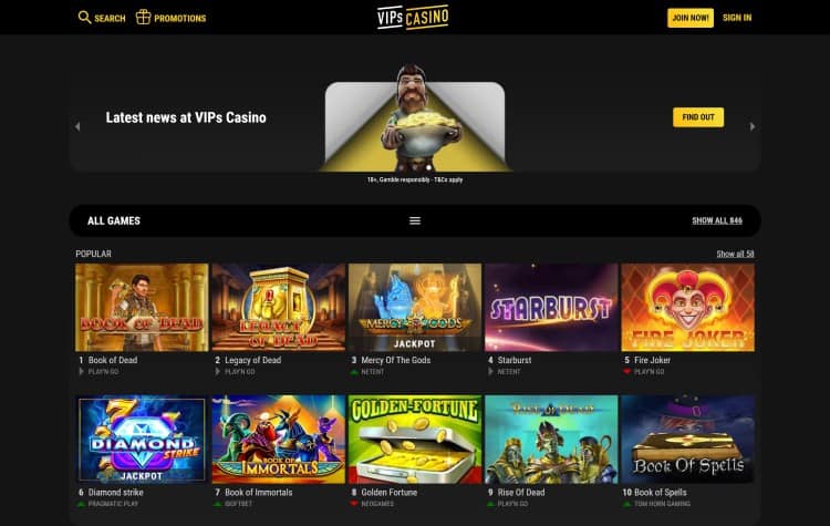 Webseite von VIPs Casino